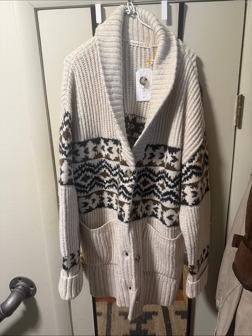 Shawl Collar Fair Isle Cardigan Sweater - Cream with Black & Brown Pattern
